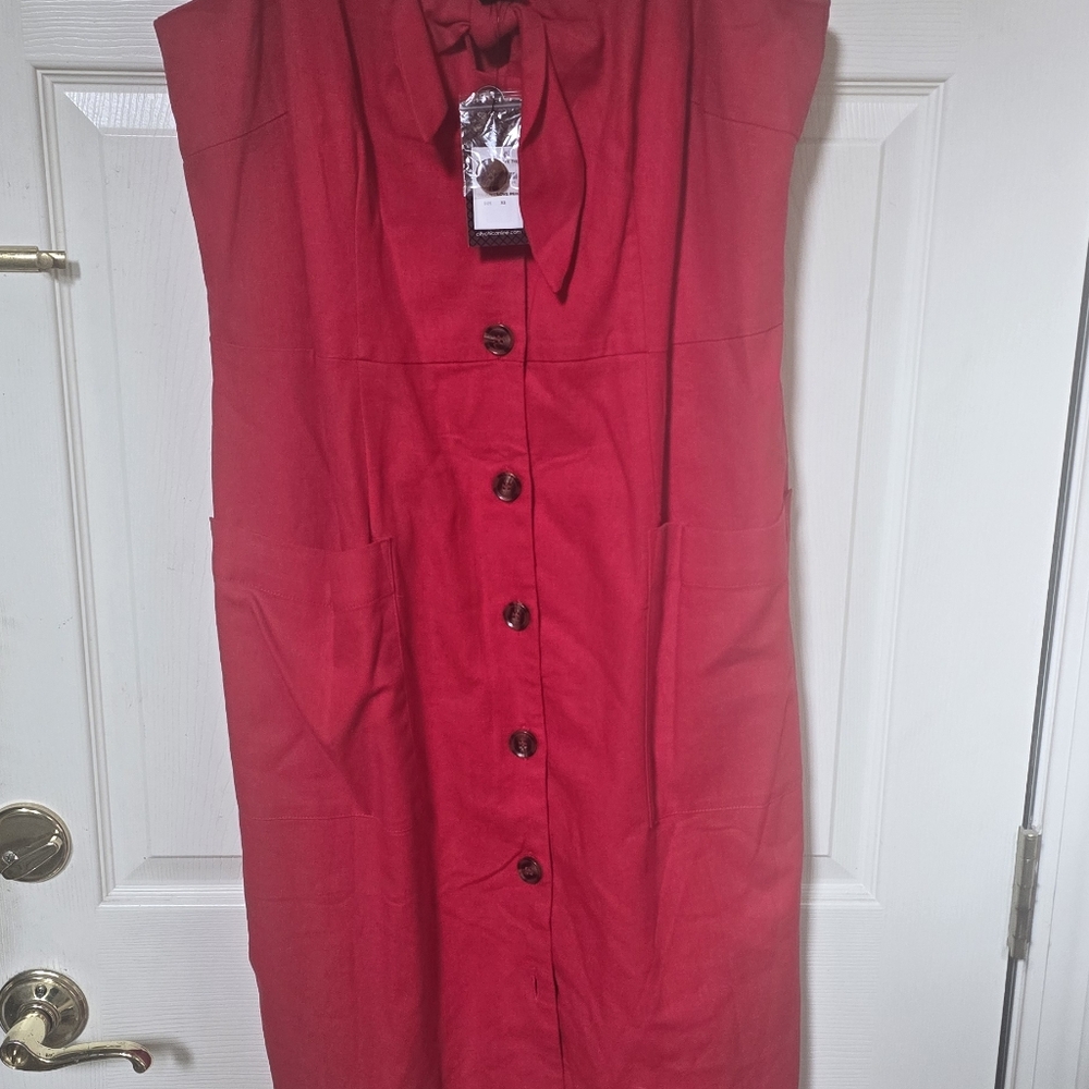City Chic Bright Red Midi Dress with Front Buttons